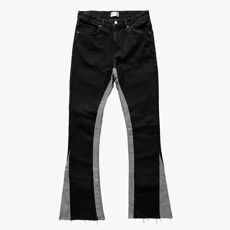 [Bomp] 2024 Herfst Mannen High Street Amerikaanse Kleur Geblokkeerd Met Franjes Micro Uitlopende Jeans 2024 Nieuwe Trendy Lange Broek Nieuwe Mode