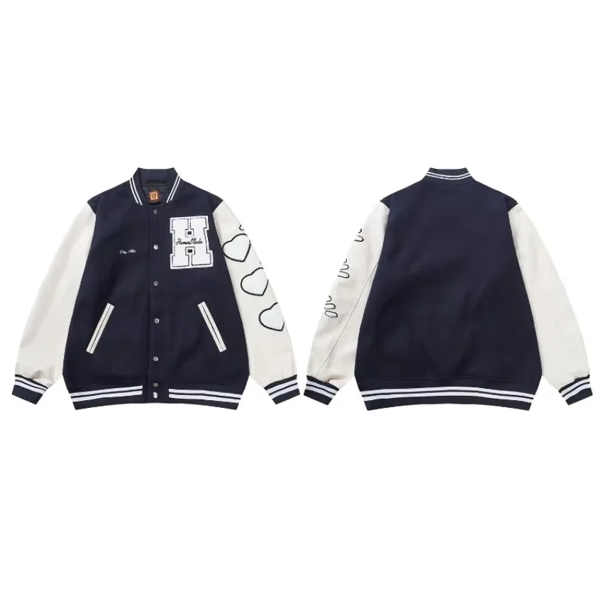 HUMAN MADE Retro Embroidered Heart Baseball Jacket Couple Fashion Trendy Streetwear Winter Top Unisex