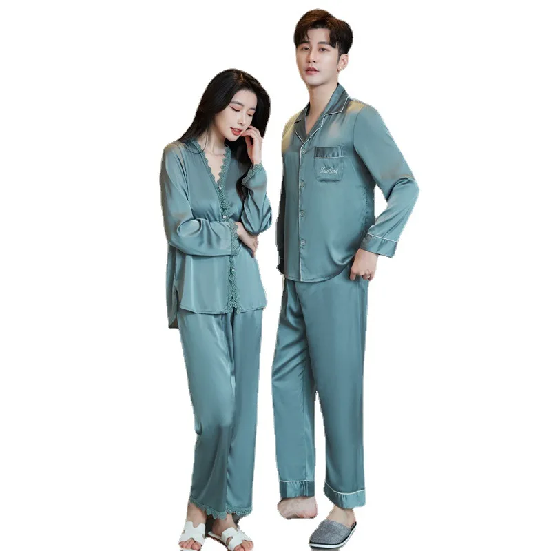 Gray Rayon Couple Pajamas Set Sleepwear Spring Autumn Long Sleeve  Shirt&pant Bridegroom Bride Wedding Gift Casual Home Clothes