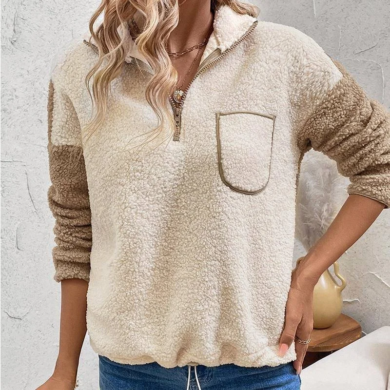 

Casual Fleece Long Sleeve Hoodie Women's Warmth Collar Patchwork Color Block Autumn Winter New Arrival Comfortable Sweatshirt