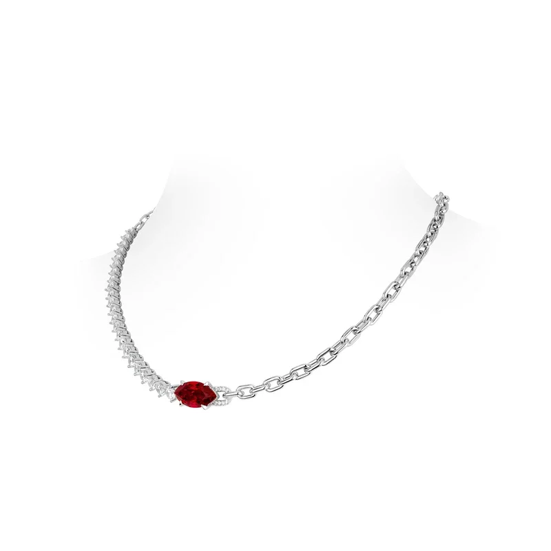 Bellux 925 Silver Art Deco Asymmetric Necklace Marquise Cut Red Synthetic Zircon Punk Style Chain Ruby Necklace Party Jewelry