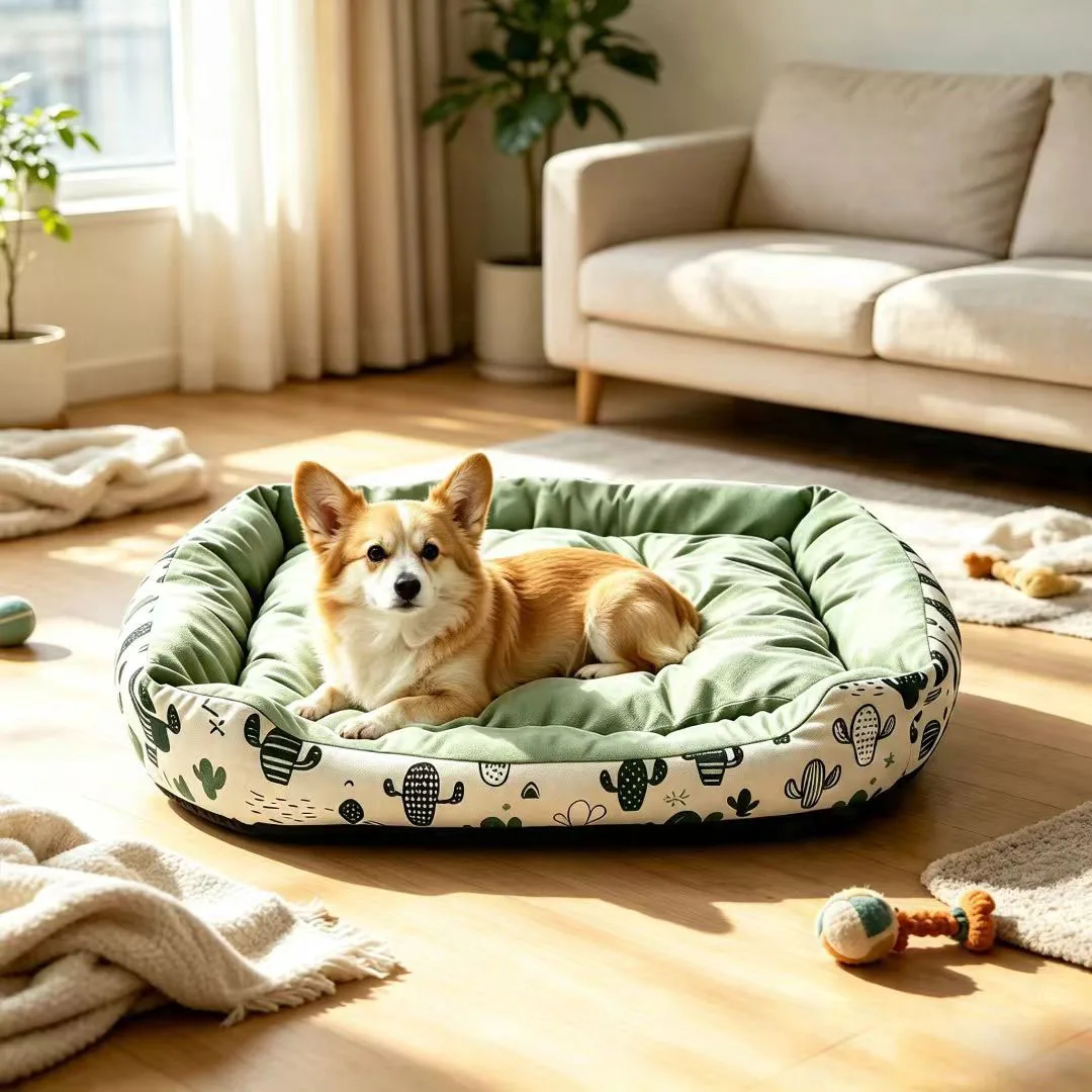 Cotton and Linen Crystal Velvet Cactus Print Green Dog Bed Soft Indoor Pet Square Bed