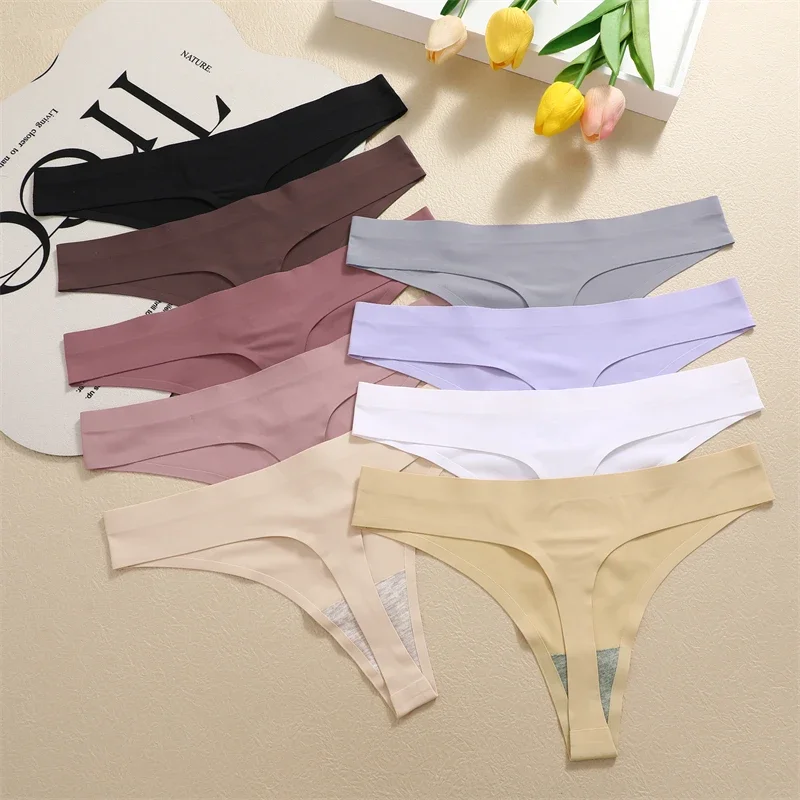 FINETOO 3PCS Seamless Female Thongs Sexy Women's Panties Silk Satin Underwear G-Strings Low-Rise Invisible Underpants T-Back Hot