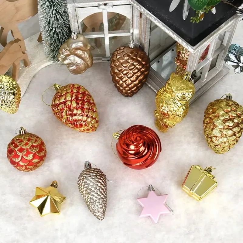 6pc Christmas Decoration Pinecone Squirrel Snowflake Star Owl Cake PVC Pendant Xmas Tree Ornaments New Year Party Decor Supplies