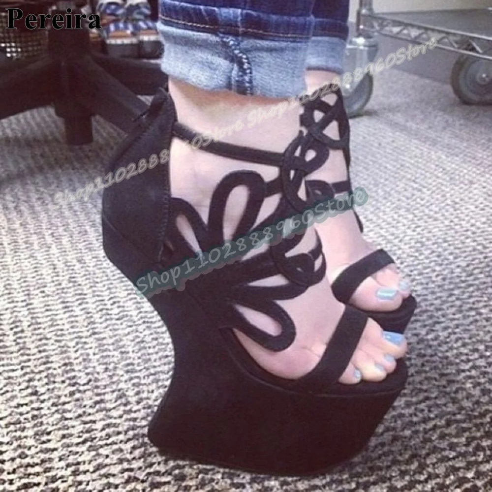 

Sexy Black Flock Narrow Strap Platform Sandals Strange Style Heel Shoes For Women Back Zipper Open Toe Trendy Zapatos Para Mujer