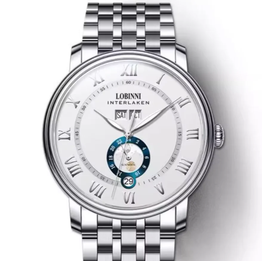 Lobinni Men Automatic Watch 40mm Mechanical Wristwatch 50m Waterproof Sapphire Mirror Multi-Dial ​Month,Week,Date,24 Hours