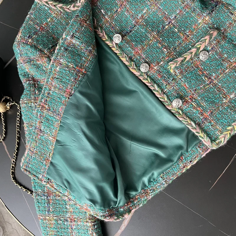 Small Fragrant Green Plaid Tweed Jacket Autumn Winter 2023 New O Neck Long Sleeve Casual Elegant Simple Women Short Coat 1770