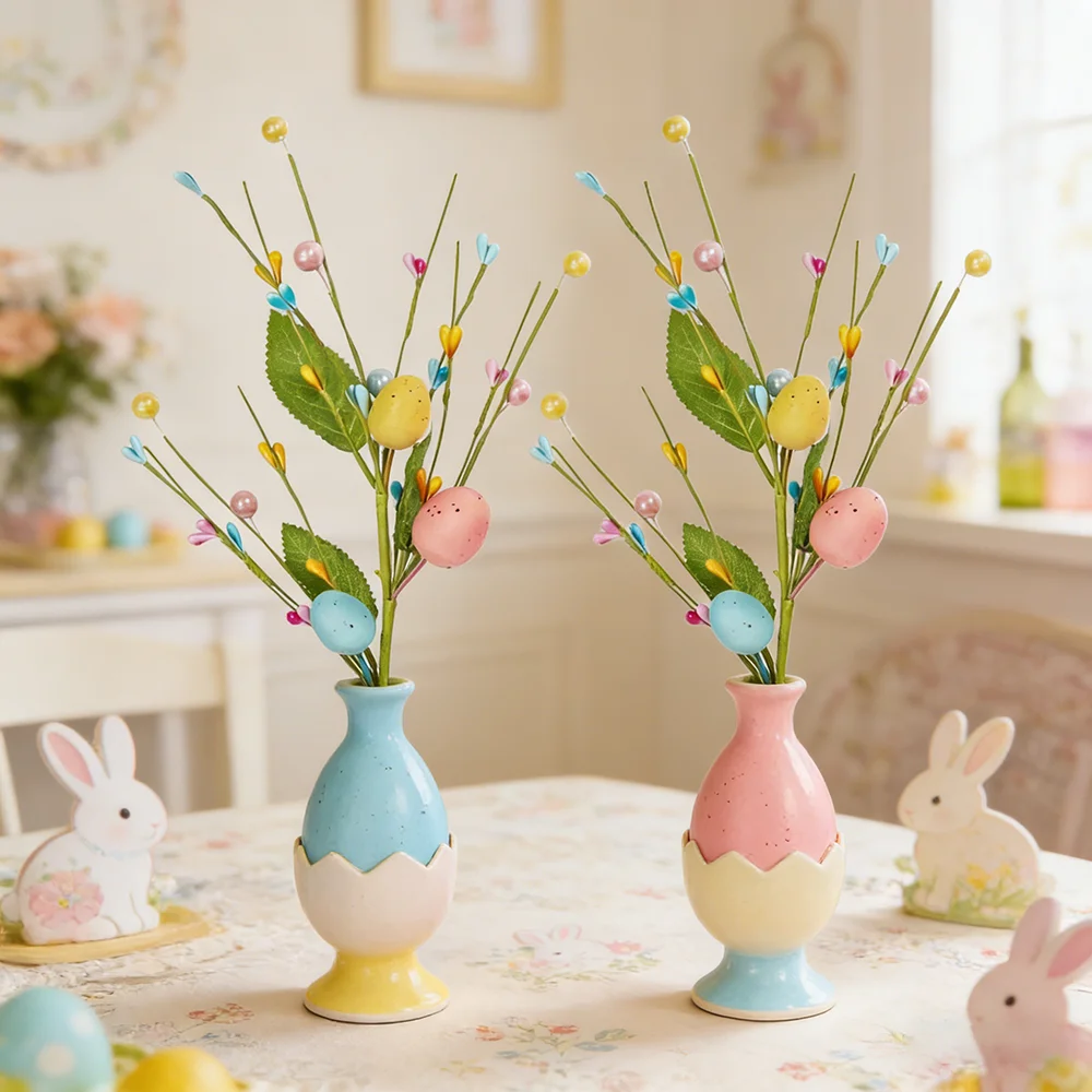 Oster-Simulations-Ei mit Perlen-Beeren-Arrangement, Oster-Vasen-Blumenarrangement/Tischdekoration/Blumenkranz-Materialien