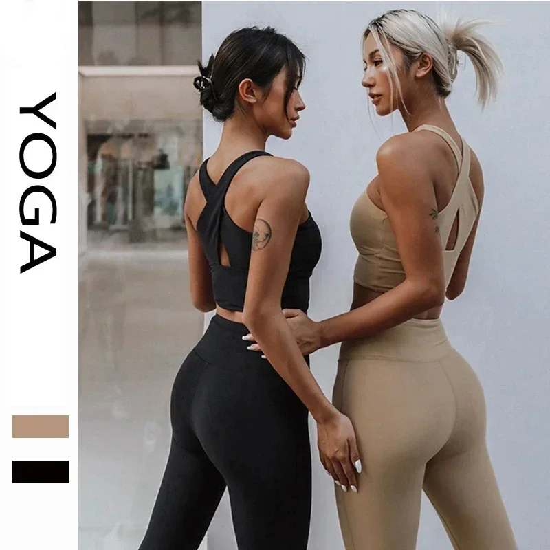 Camiseta sin mangas de Yoga a prueba de golpes, sujetador con cuello cruzado y pantalones de entrenamiento de levantamiento de cadera, conjunto de Fitness para Yoga