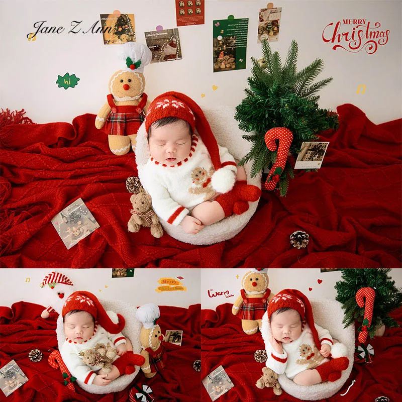 

Newborn Christmas outfit set baby photography props red long tail hat white bodysuit gingerbread red socks holiday new year