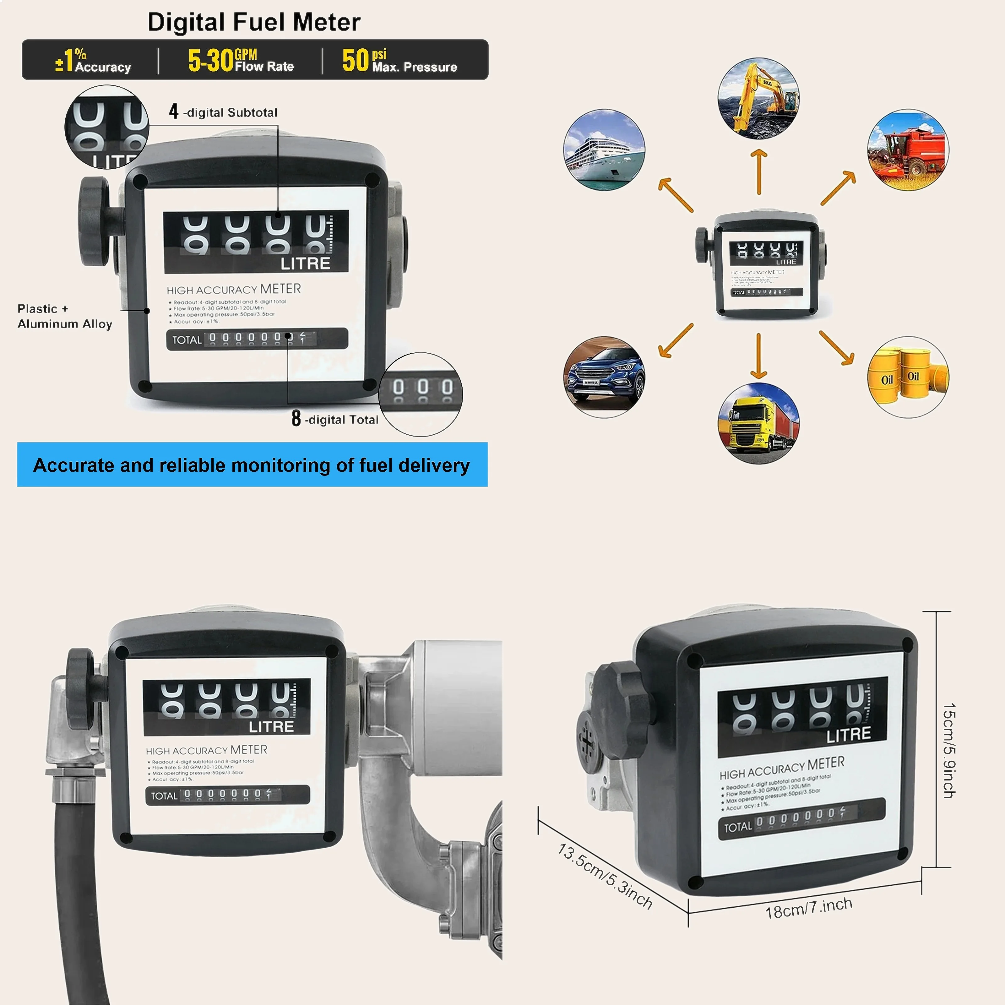 4 Digital Fuel Liquid Flow Meter 20-120L/min Diesel Oil Flow Sensor Counter Display