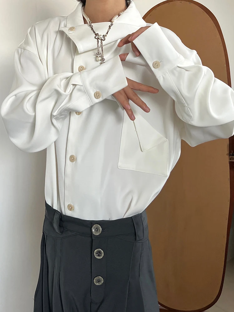 14GSL Minimalist Chic Show Design Shirt Vintage Elegant Collar Neutral High-End Feeling Loose Fit Polyester Fiber Youth Popular