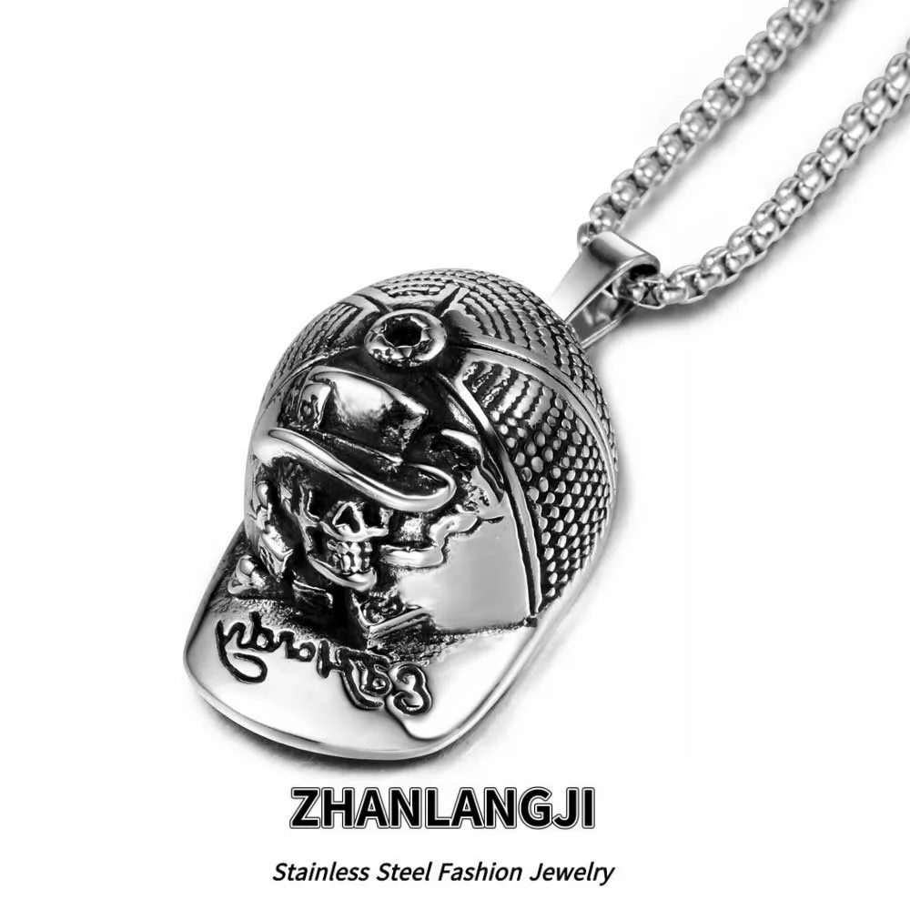 Hip Hop Skeleton Peaked Cap Necklaces 316L Stainless Steel Men Pendant Chain Funk Punk for Friends Biker Rider Jewelry Best Gift