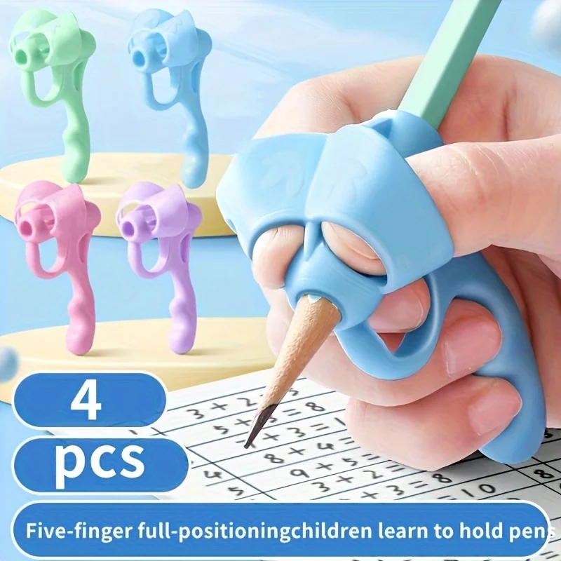 4pcs Grip Pen Corrector Set Writing Corrector Soft Rubber Writing Posture Grip Pen Handwriting Aid Correction Tool