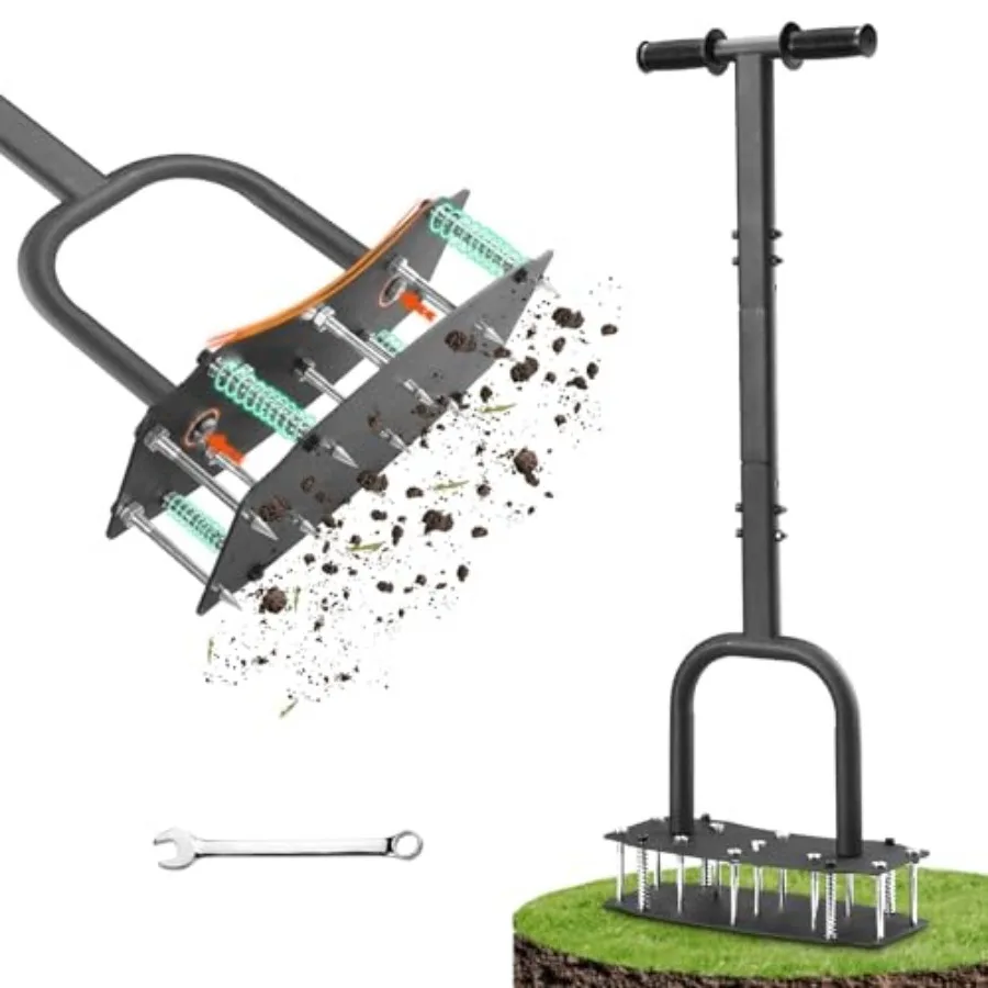 

Lawn Aerator Tool for Clay Soil - Kick to Unclog and Bolt-On Base Never Breaks - 11 Heavy Duty 3.5" Spikes for Deeper Penetrati