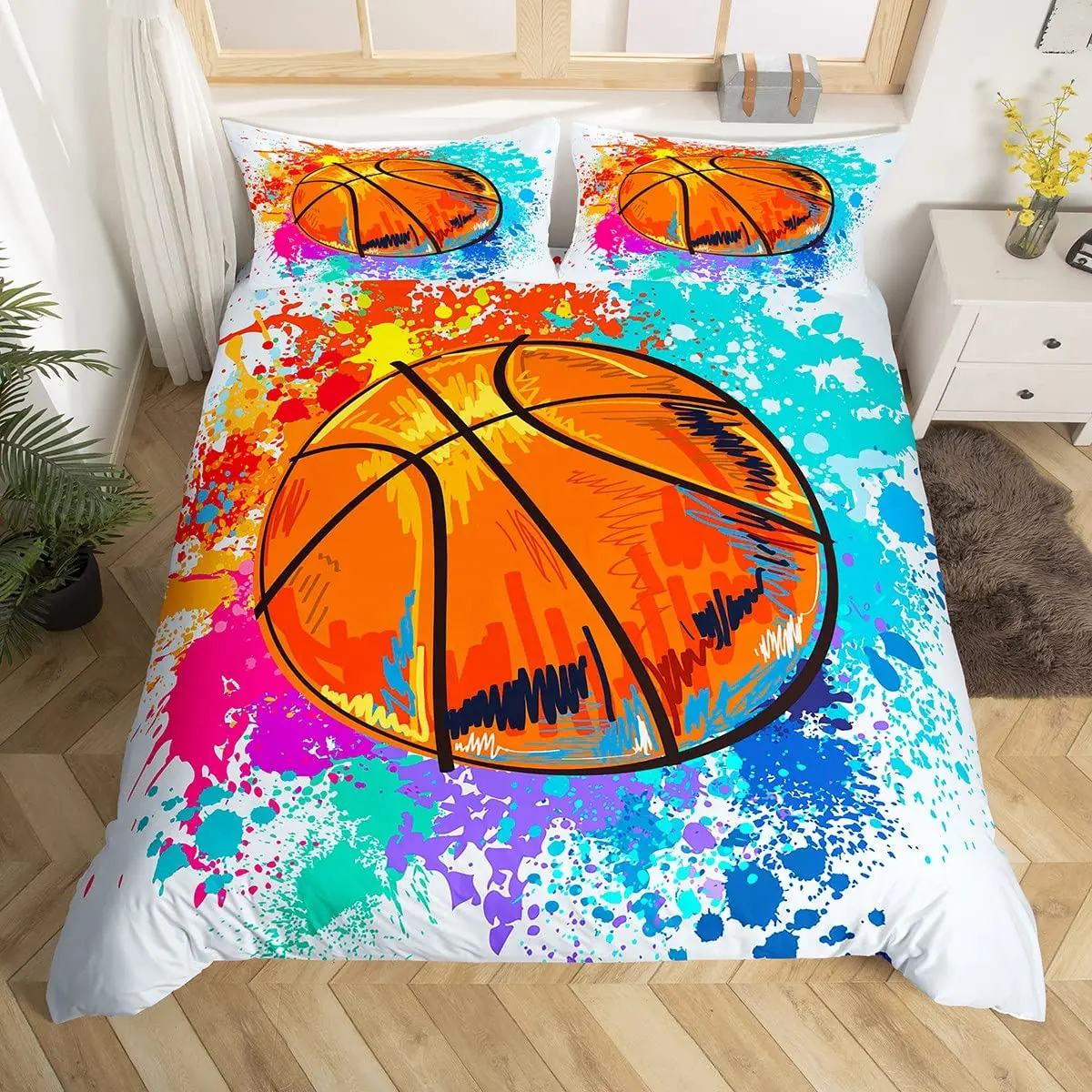 

Watercolor Cartoon Basketball Print Bedding Set, Duvet Cover for Kid Teen Boys, Sports Quilt Cover with 2 Pillowcases,Full Size