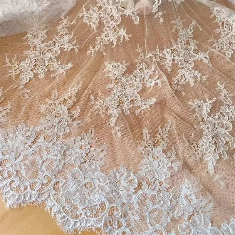

300CM X 150CM. French Large Flower Border Embroidery Lace Fabric.Couture Bride Wedding Gown Fabric. White Background Decoration