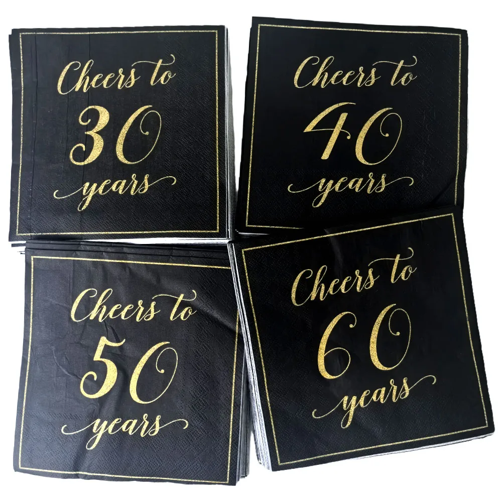 20-60 قطعة 30th 40th 50th 60th سنة منديل ورقي للاستعمال مرة واحدة الذهب الأبيض الذهب الأسود الذكرى المناديل حفلة عيد ميلاد ديكور #6