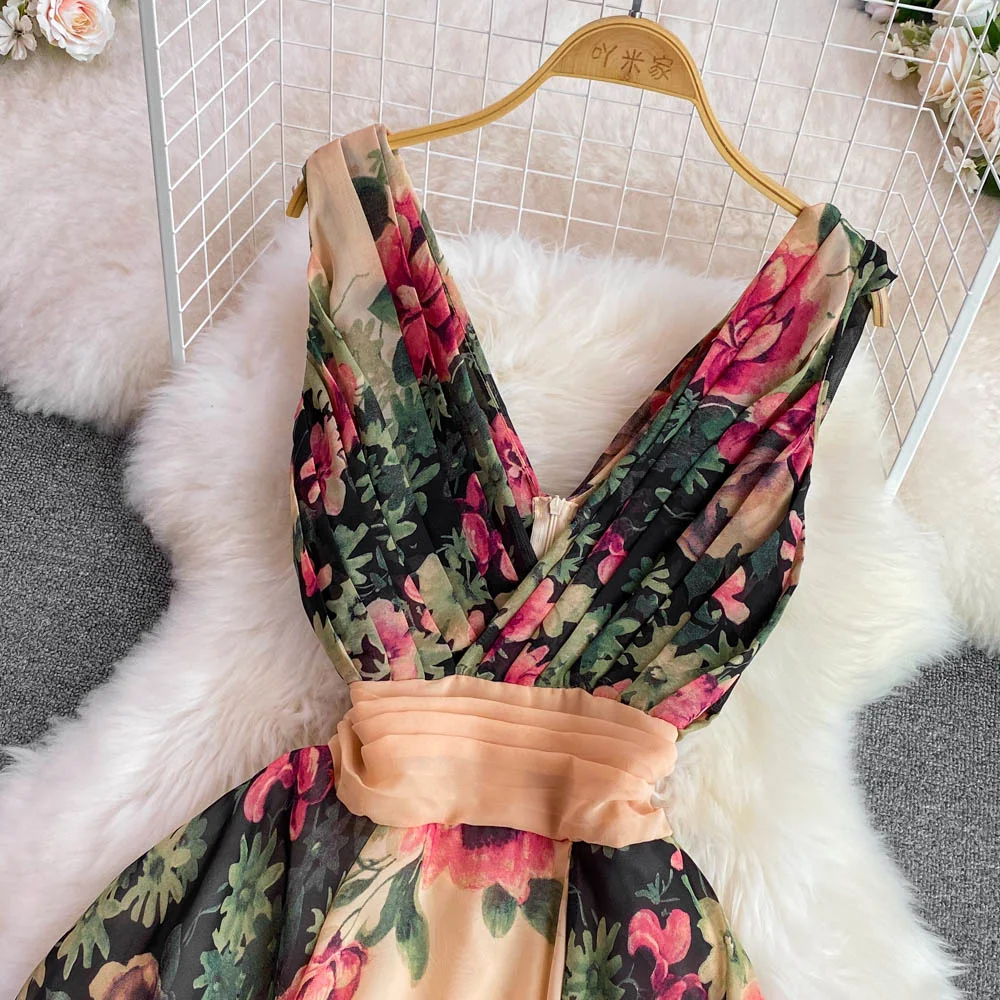 Vestido largo Midi con estampado Floral para mujer, ropa de gasa sin mangas para verano