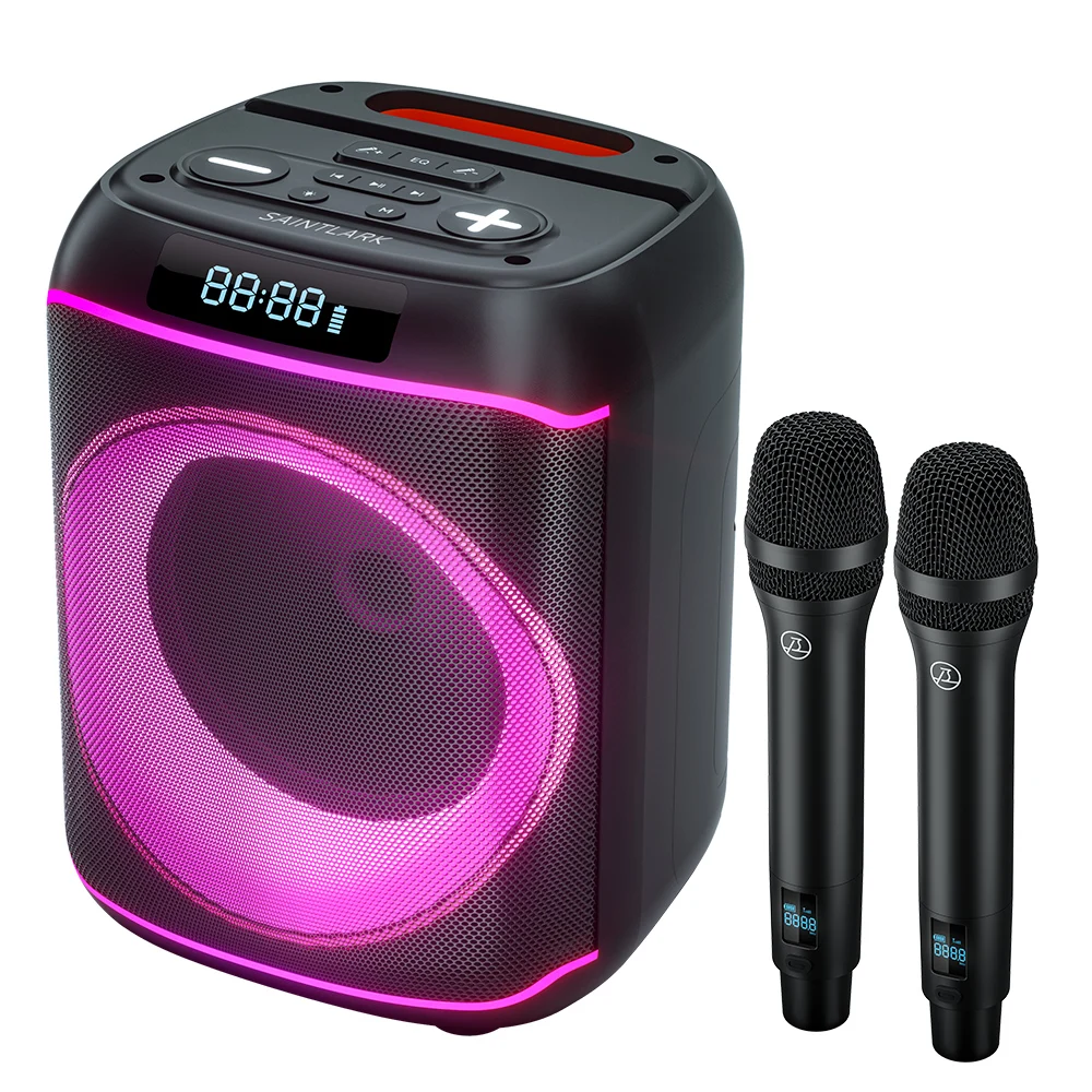 Portable High-power Bluetooth Party Speaker Deep Bass, Party Lights, Karaoke With Two Mic , Wired Mic & Guitar Input