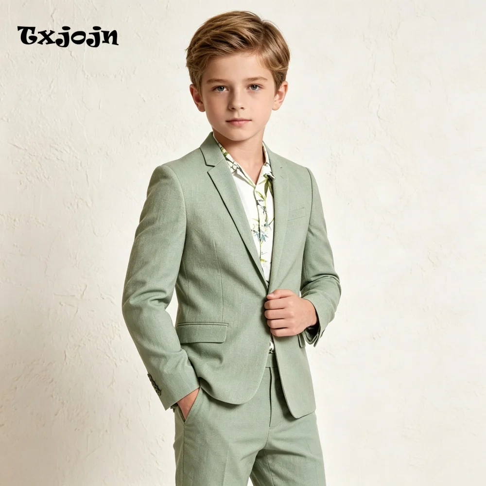Formal Boys Suit Fashion Wedding Tuxedos Sage 2-piece Set Trend Pointed Collar Jacket Single Button Blazer Pants for Party
