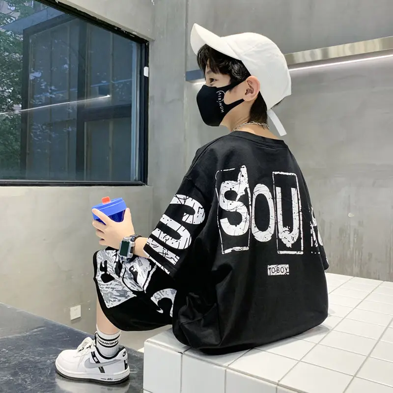 Boys Summer Trendy Casual Sports 2pcs T-shirts+Pants Suits 3-14 Years Teenage Boys Hip Hop Style Fashion Outfits Clothes Sets