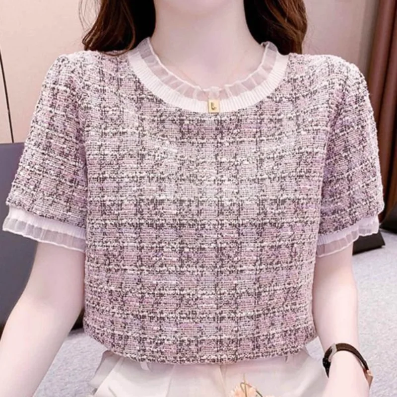 2024 New Summer Elegant and Elegant Style Small Fragrant Wind Fashion Wooden Ear Round Neck Western Short Top for Women