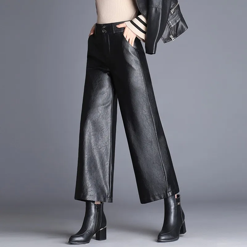 Autumn Winter South Korea Fashion Warm Long Pants Straight Elegant Leather Trousers Women Wide Leg PU Leather Pants