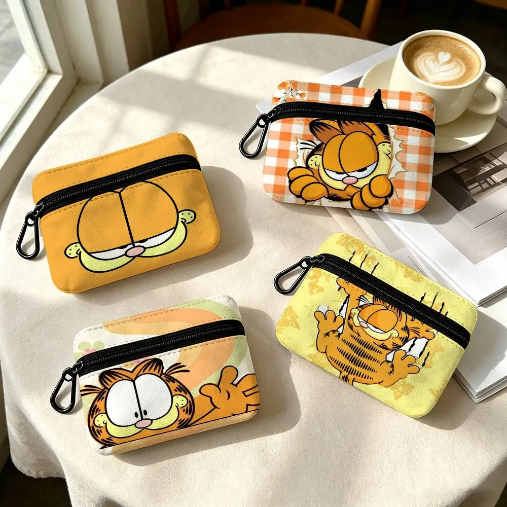Anime G-arfield-es Cute Cat   Portable Mini Oxford Cloth Coin Purse With Carabiner Hook Zipper Key Card Earphone Storage Wallet