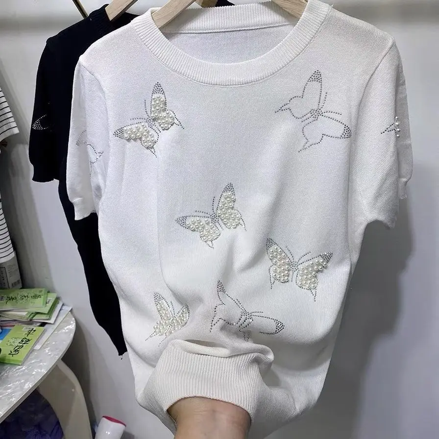 

Summer Beaded Hot Diamonds Chic Butterfly Design Stylish Versatile Ice Silk Knit Loose Short-sleeved Top Knitted Sweater Shirts