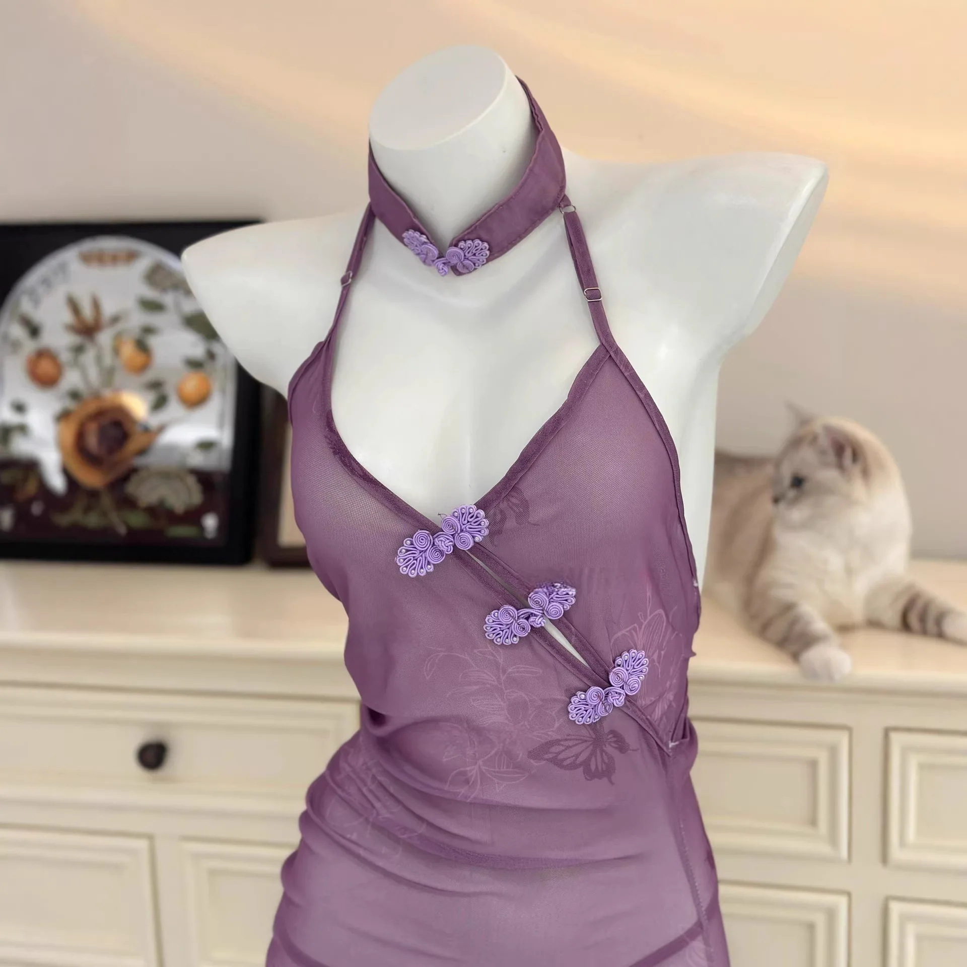 Sexy Lingerie Hollow Out Retro Cheongsam Dress Transparent Pajamas Chinese Traditional Improve Qipao Skirt Exotic Charm Costume