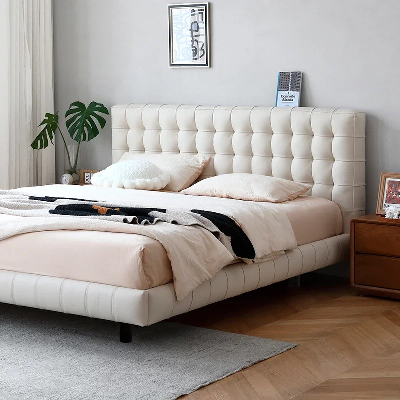 Cream Wind Bed Italian Minimalist Double Bed Modern Minimalist Leather Bed Suspension Bed Solid Wood Leather Bed