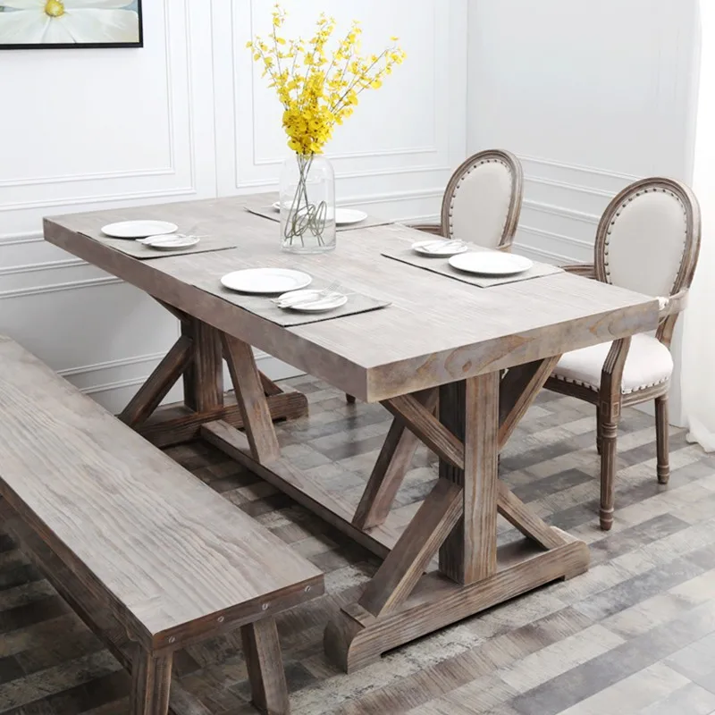 All solid wood dining table and chairs French rural small household American old gray rectangular retro dining table