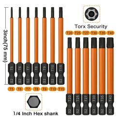 13Pcs 75mm Security Torx Bit Set T5-T40 Tamper Resistant Star Bits Set 1/4 Inch Hex Shank S2 Steel Screwdriver Bit with Magnetic