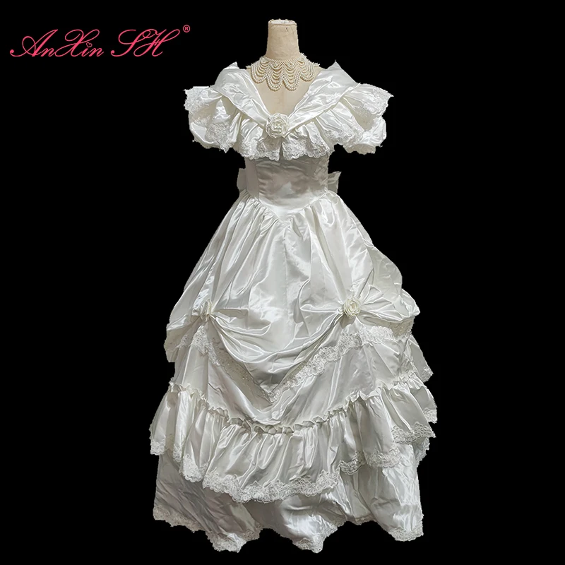 AnXin SH vintage princess white satin French rose flower boat neck short puff sleeve big bow Antique customized wedding dress