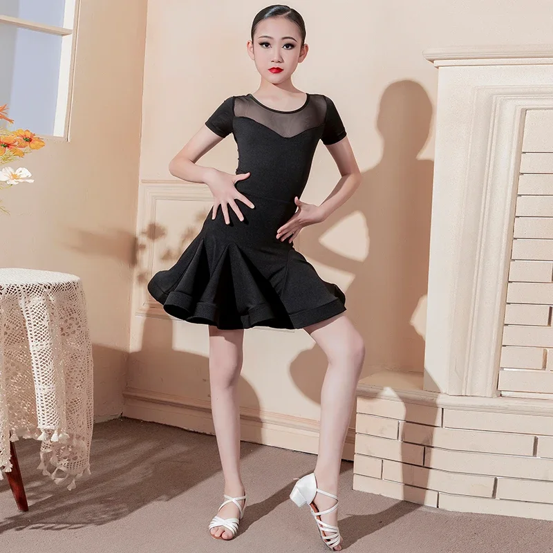 

Latin Dance Costume for Girls New Children Dance Practice Clothing Competition Regulations Split Suit