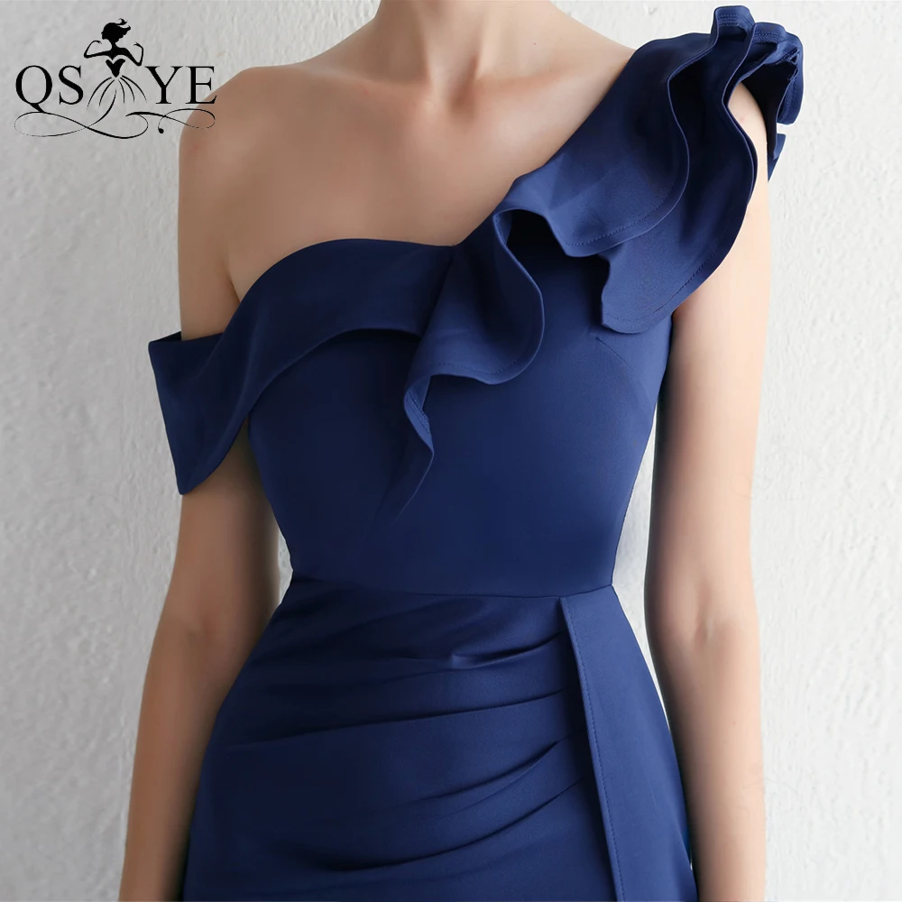 Open Split Navy Satin Evening Dresses Elastic Ruffles One Shoulder Formal Gown Side Sleeves Sexy Prom Stretchy Fit Party Dress