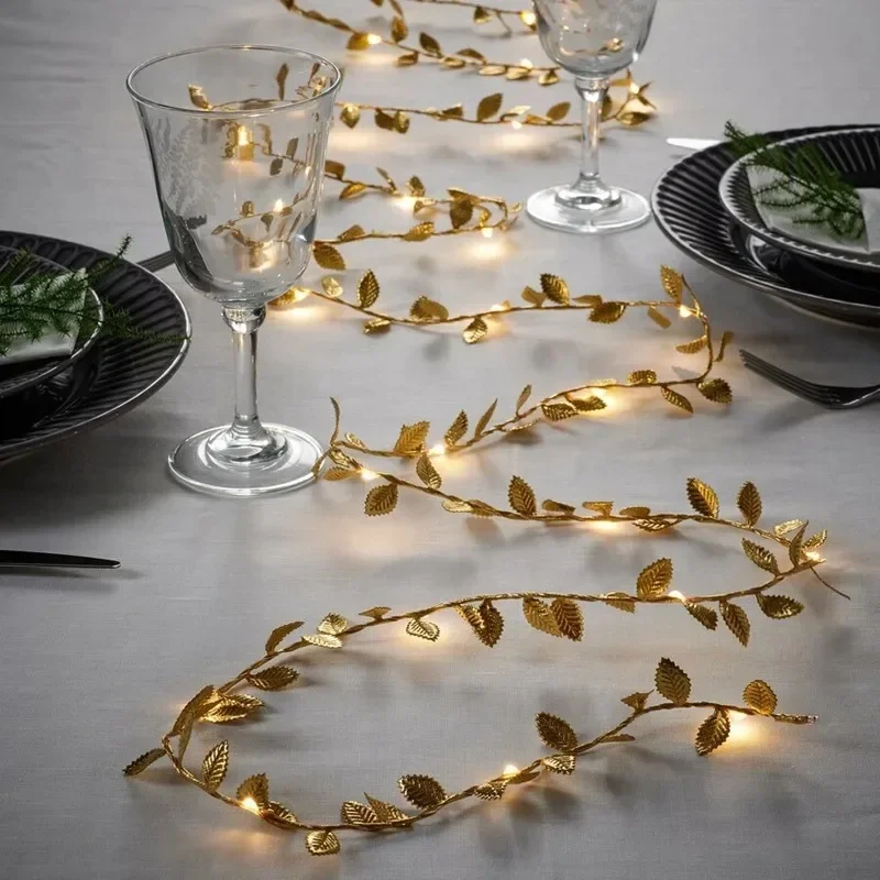 2m 5m 20/50LED Golden Tiny Leaves Fairy Light Battery Powerd Garland Ivy Vine String Lights for Wedding Home Party Xmas Decor