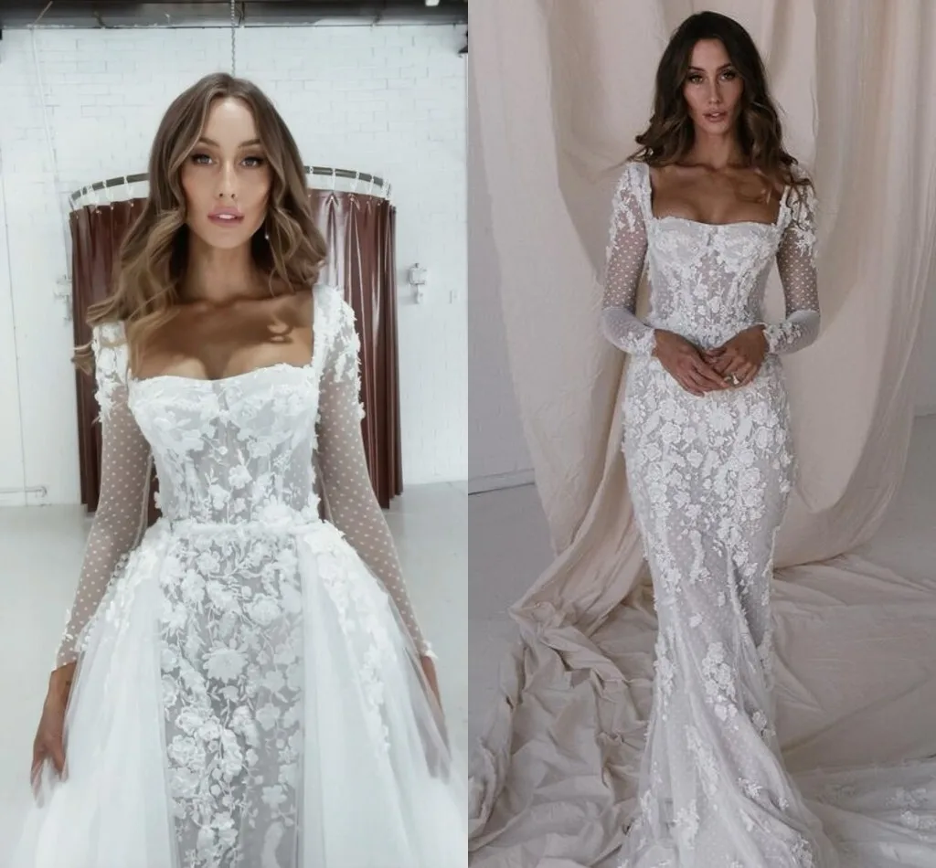 

Пляжные свадебные платья Pallas Couture Русалка со съемным шлейфом и квадратным вырезом с длинными рукавами и 3D цветочным кружевом, свадебные платья
