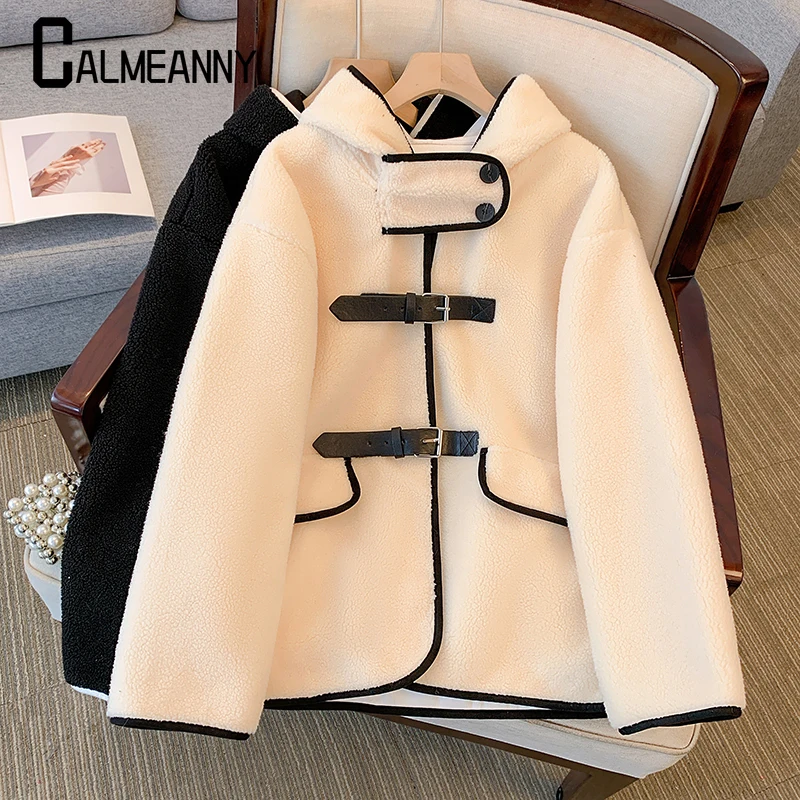 

2024 Winter Hooded Imitation Lamb Wool Jacket Buttons Loose Single Breasted Coats Korean Edition Fashion Mid-length Coat