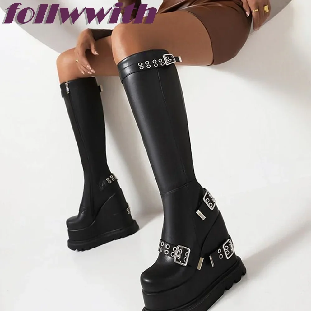 Metal Belt buckle zipper Solid Black height increasing Ladies New Boots round Toemid calf winter UniqueShoes