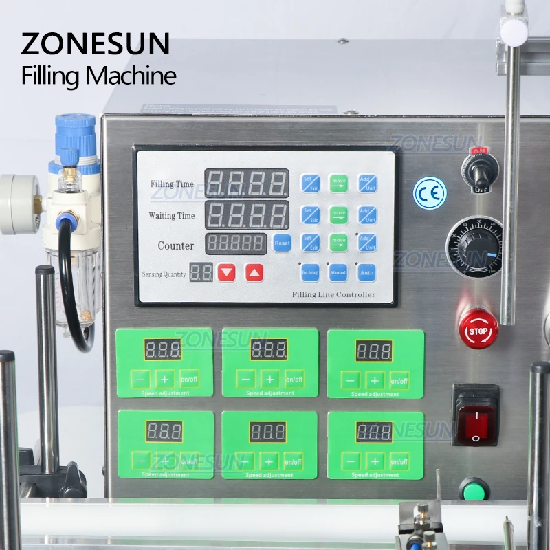 ZONESUN Automatic Desktop 6 Head Wine Jar Liquid Oil Filling Machine With Conveyor Beverage Juice Filling Machine Water Filler