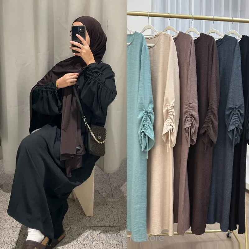 Eid Ramadan Ruched Sleeves Closed Abaya Dubai Luxury Muslim Long Loose Thin Crinkled Fabric Islamic Women\'s Prayer Garment