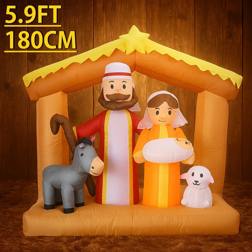 

5.9FT Inflatable Christmas Toy Nativity Scene Decor with LED Xmas Yard Decor Holy Family Donkey Lamb Xmas Home Ornament Gift