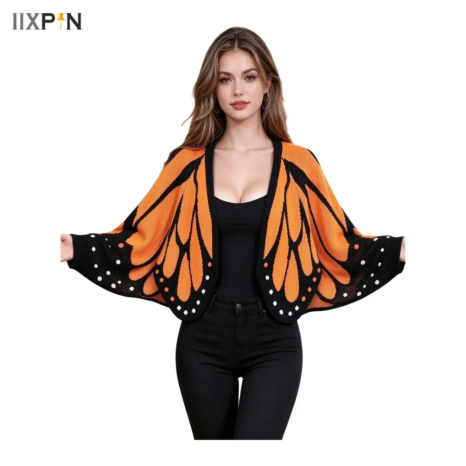 Aesthetic Butterfly Wing Cape Women Knitted Cardigan Irregular Hem Color-blocked Loose Sweater Coat for Halloween Themed Party