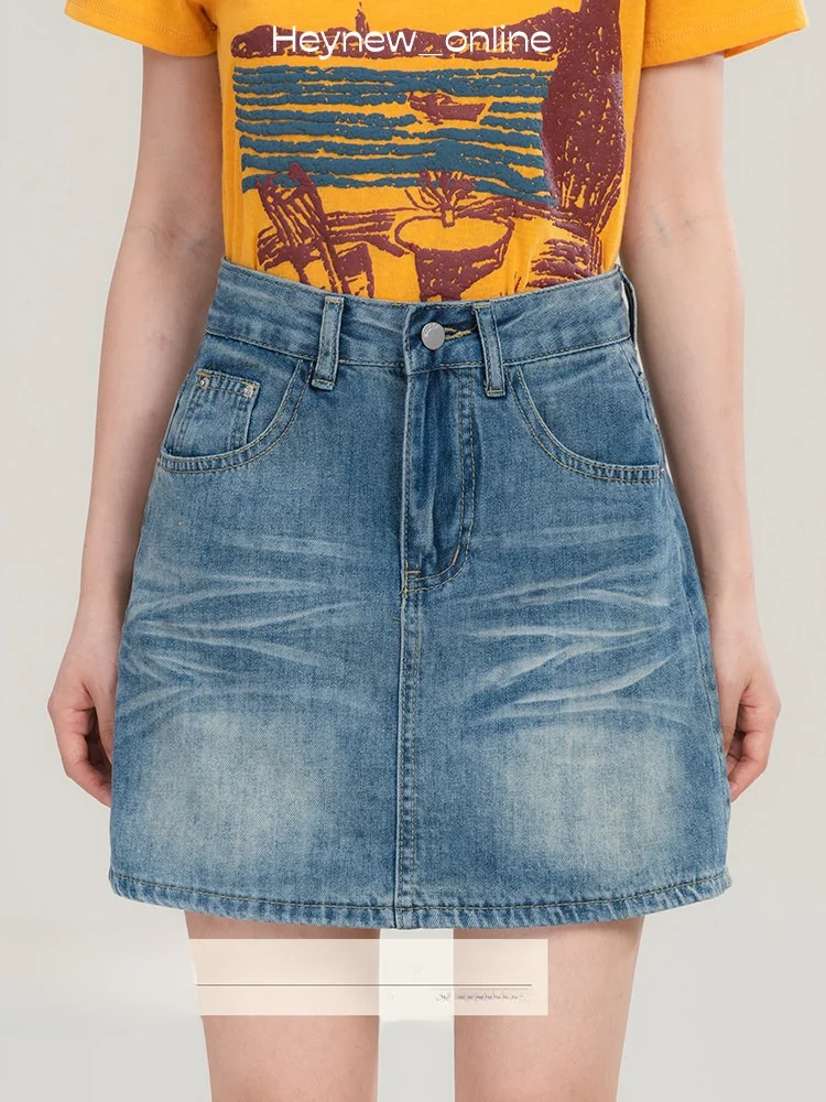 

Джинсовая юбка Loveheynew с высокой талией, утягивающая, женская, летняя, А-силуэт, с длиной до колена, с декоративными карманами