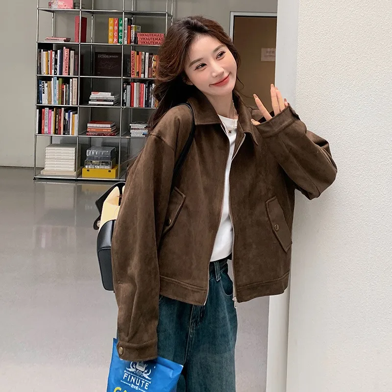 2026 Fashion Faux Suede Short Jacket Women's Brown Loose Coat Spring Autumn Turndown-collar Zip-up Tops Lady Casual Outerwear