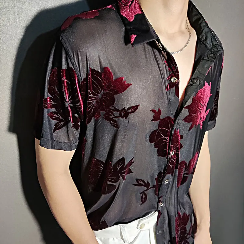 2023 Top Blouse Social Club Outfits Party Designer Shirt Fashion Velvet Flower Shirt Men Transparent Short Sleeve Sexy Shirt Red