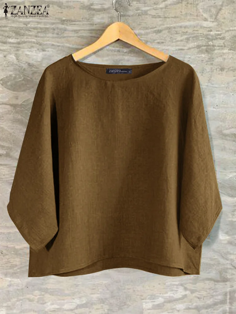 بلوزة نسائية غير رسمية من ZANZEA بأكمام 3/4 بلون سادة ورقبة قارب 2025 بلوزات صيفية فضفاضة للعطلات قطع علوية كلاسيكية