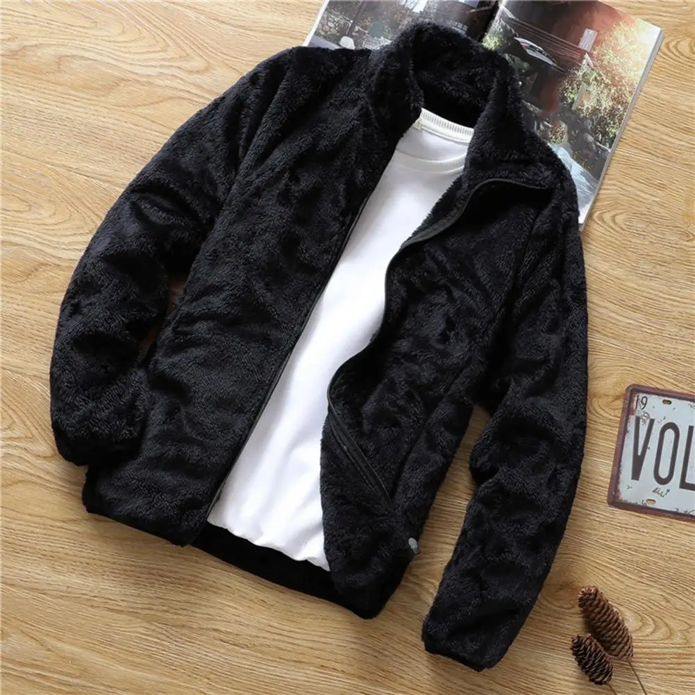 Fashion Jacket Coat Double Sided Velvet Fluffy Jacket Zipper Closure Stand Collar Warm Cardigan Jacket Cold Resistant